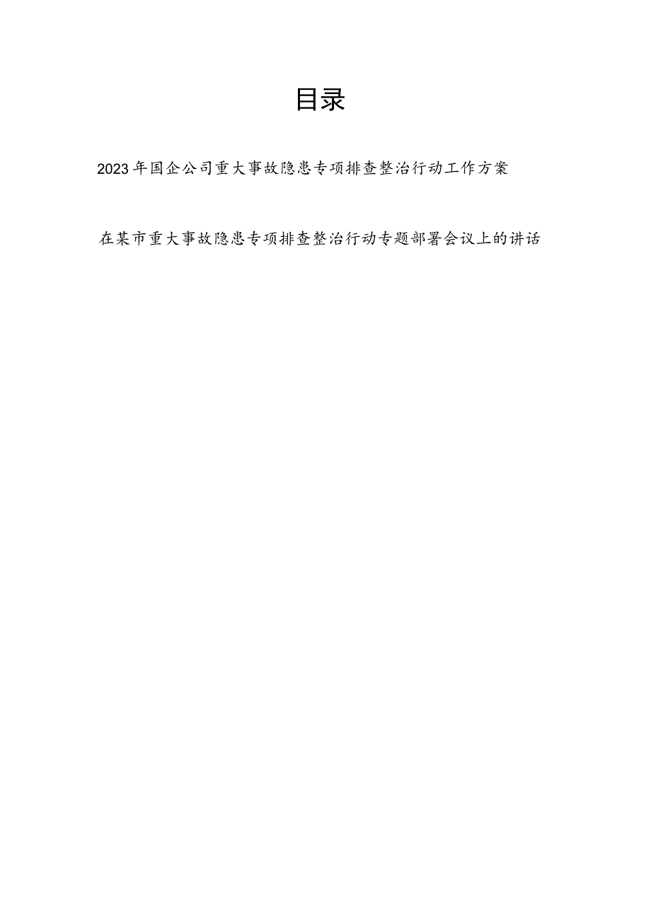 2023年国企公司重大事故隐患专项排查整治行动工作方案和在某市重大事故隐患专项排查整治行动专题部署会议上的讲话.docx_第1页