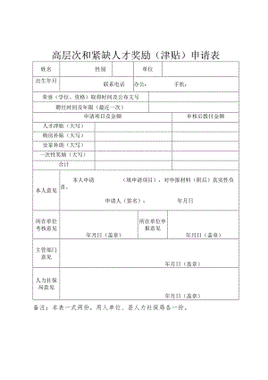 高层次和紧缺人才奖励（津贴）申请表.docx