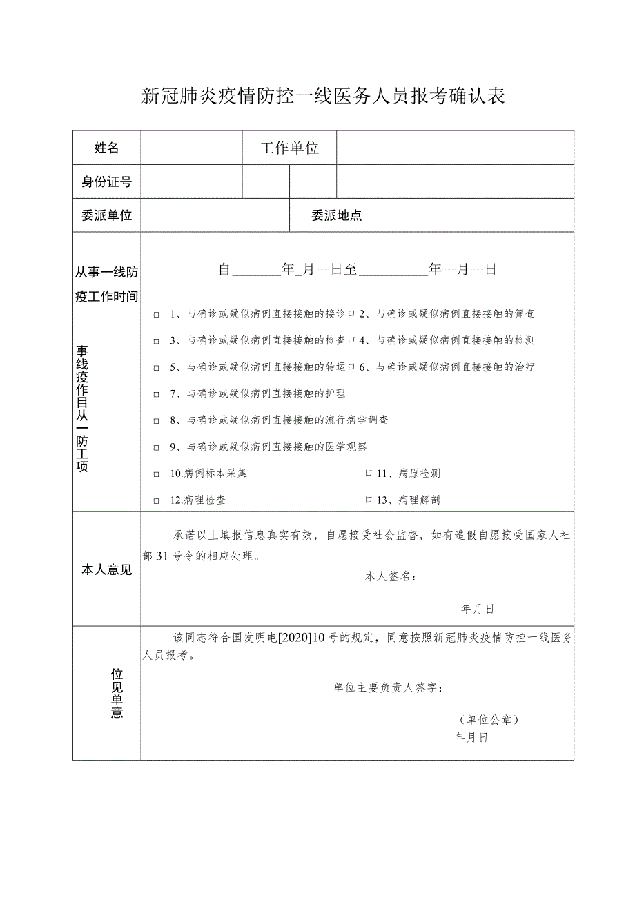 新冠肺炎疫情防控一线医务人员报考确认表.docx_第1页