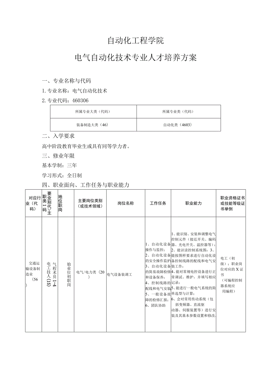 自动化工程学院-2022级专业人才培养方案-电气自动化技术专业.docx_第1页