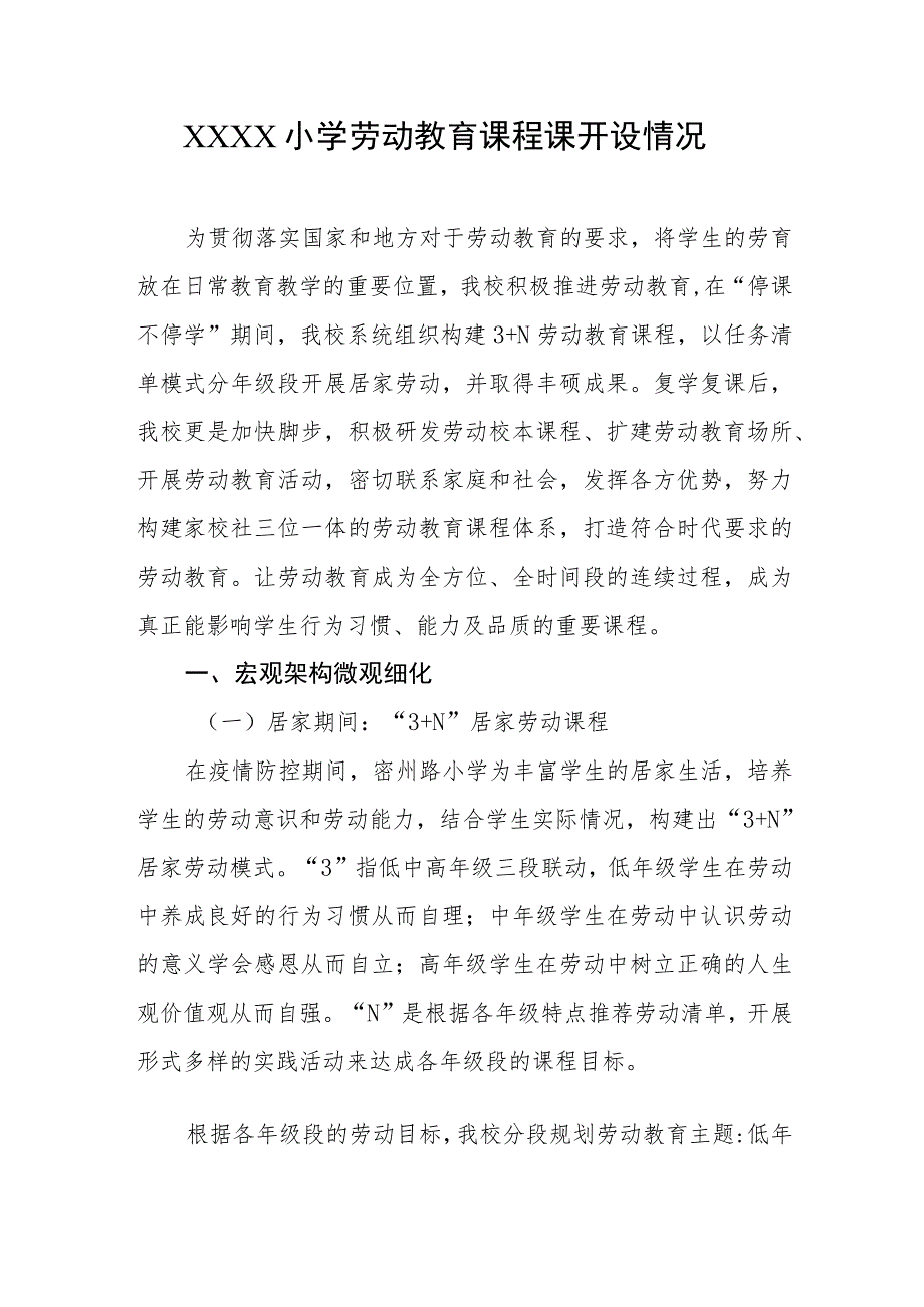 小学劳动教育课程课开设情况.docx_第1页