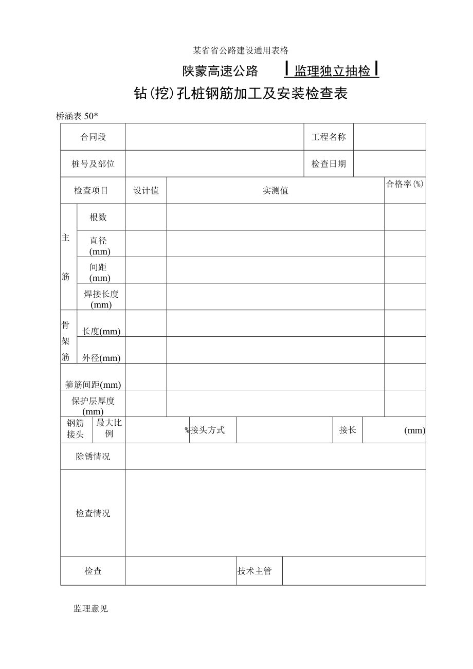 桥涵表50 钻（挖）孔桩钢筋加工及安装自检表工程文档范本.docx_第1页