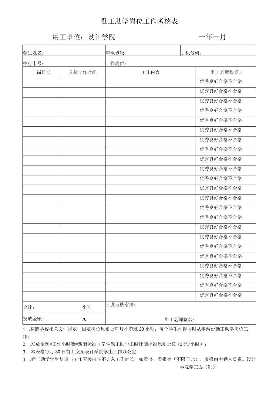 勤工助学岗位工作考核表用工单位设计学院年月.docx_第1页