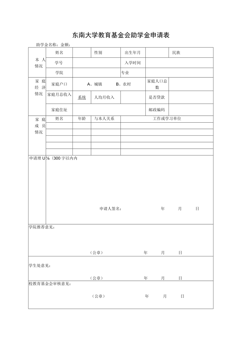 东南大学教育基金会助学金申请表.docx_第1页