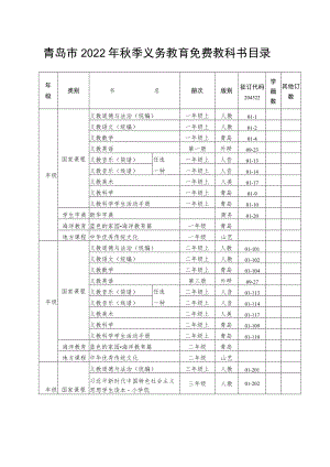 青岛市2022年秋季义务教育免费教科书目录.docx