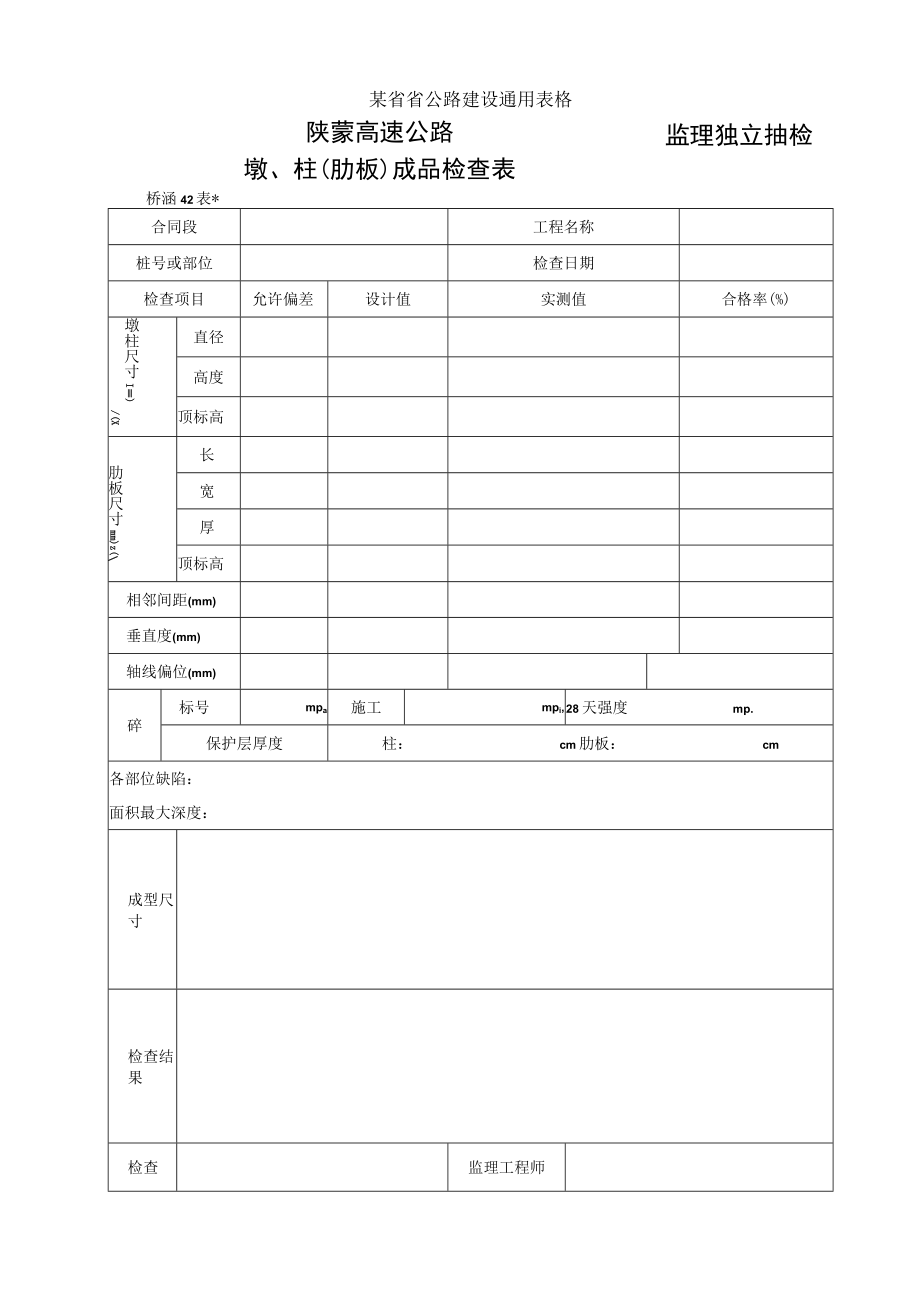 桥涵表42墩柱（肋板）成品检查表工程文档范本.docx_第1页