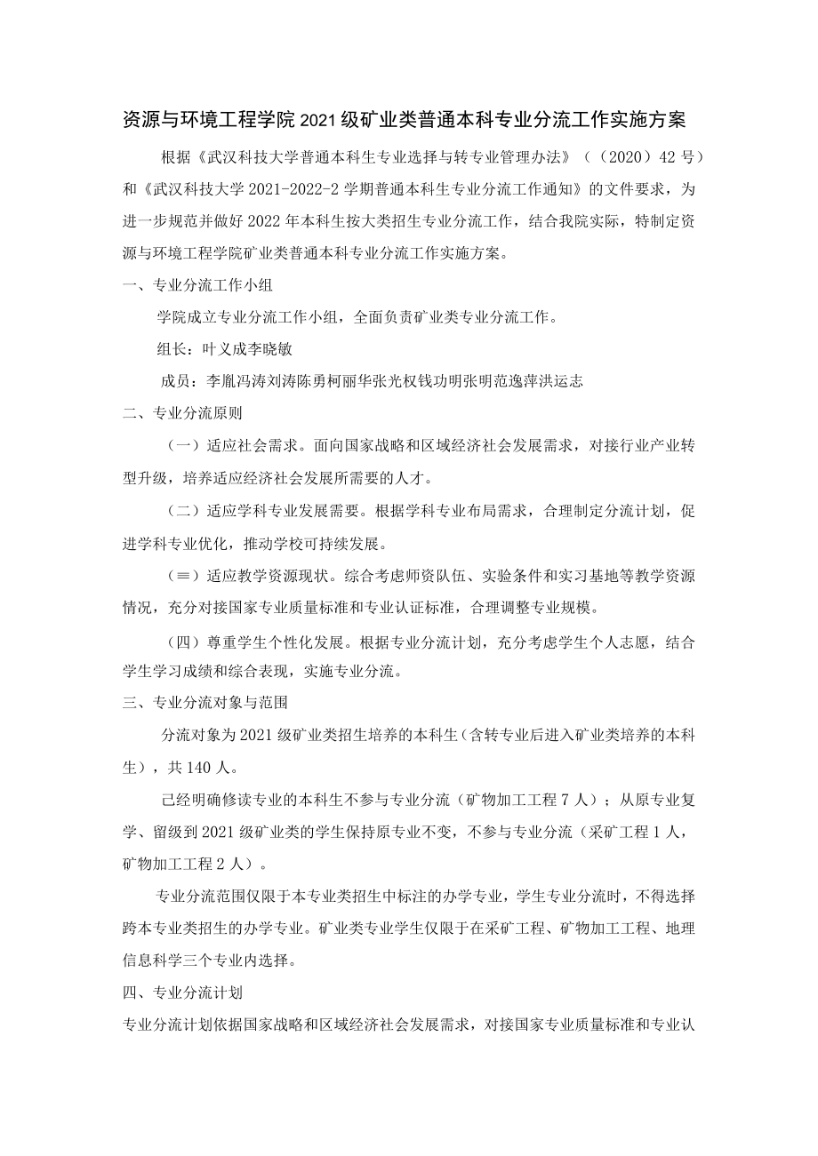 资源与环境工程学院2021级矿业类普通本科专业分流工作实施方案.docx_第1页