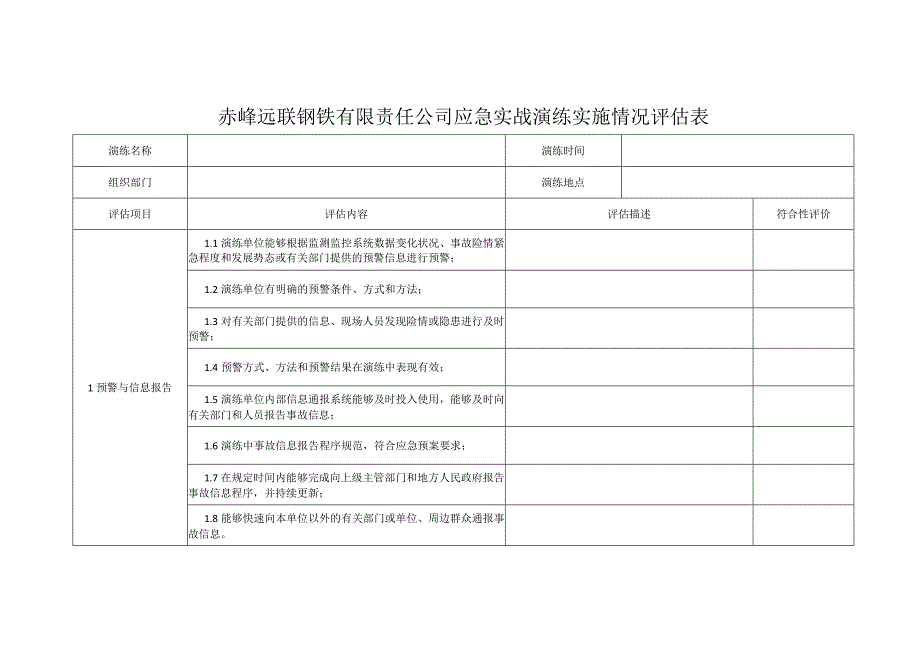 赤峰远联钢铁有限责任公司应急实战演练实施情况评估表.docx_第1页