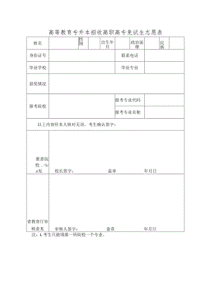 高等教育专升本招收高职高专免试生志愿表.docx