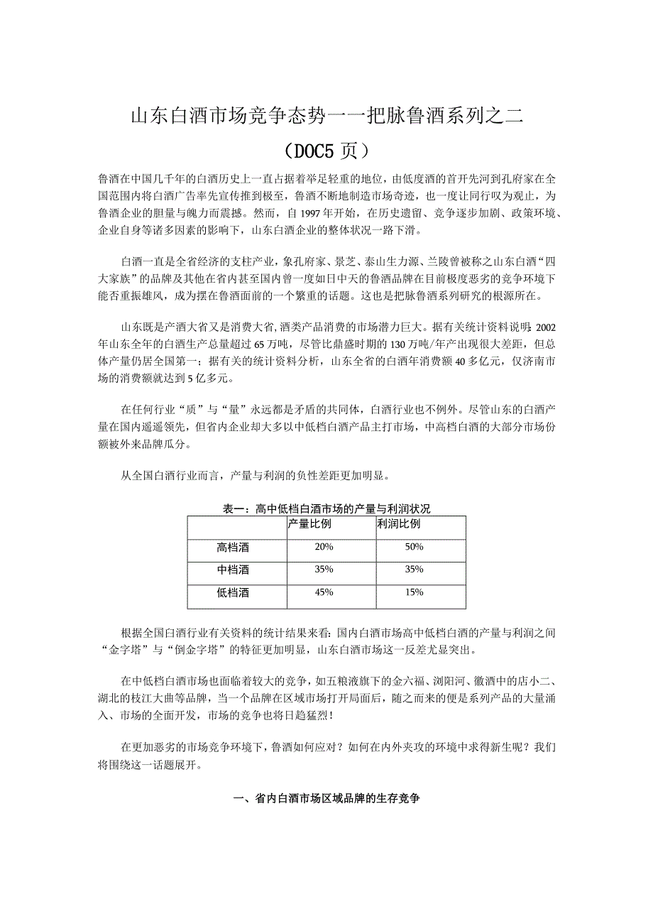 山东白酒市场竞争态势――把脉鲁酒系列之二（DOC5页）.docx_第1页