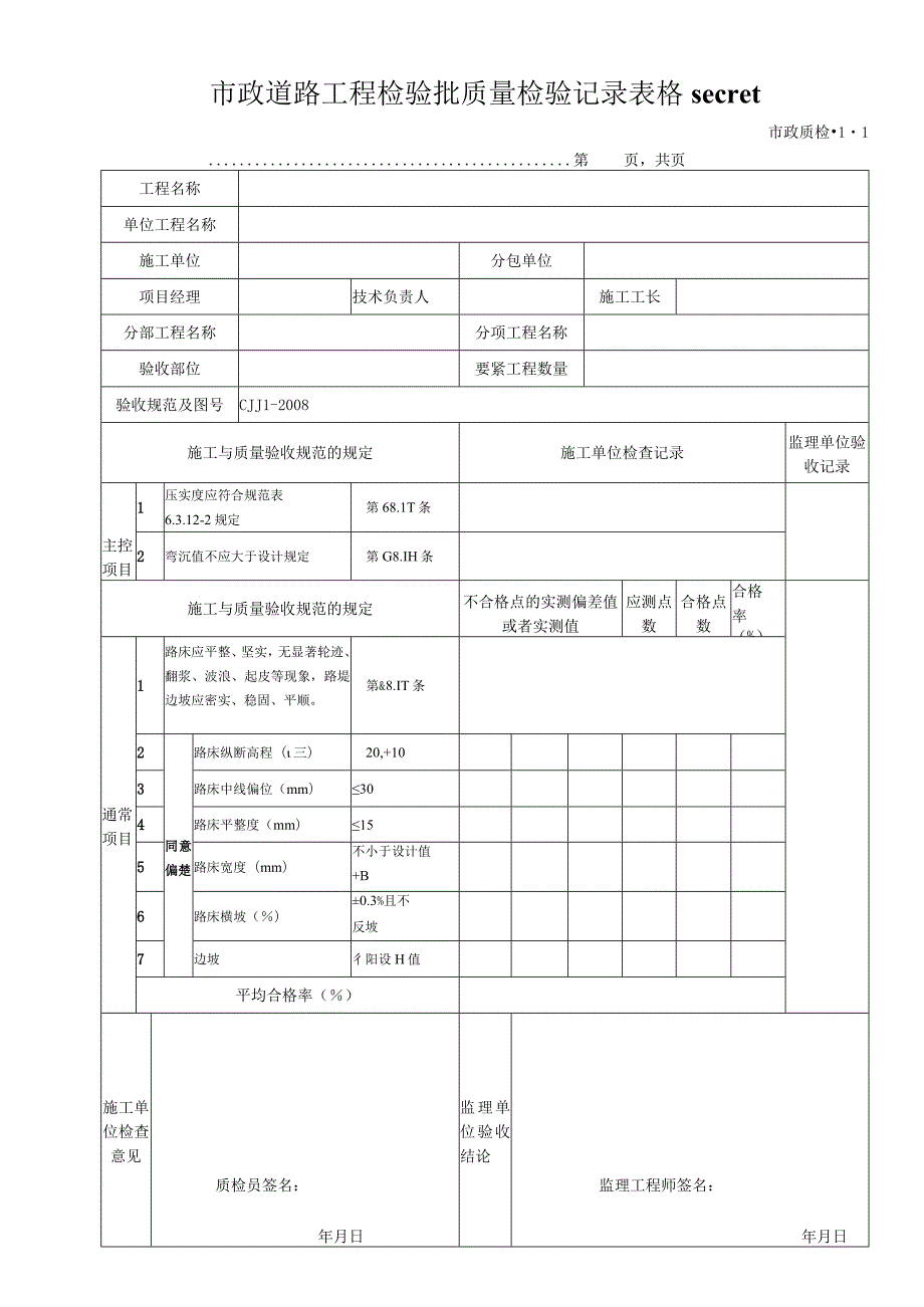 市政道路工程检验批质量检验记录表格secret.docx_第1页