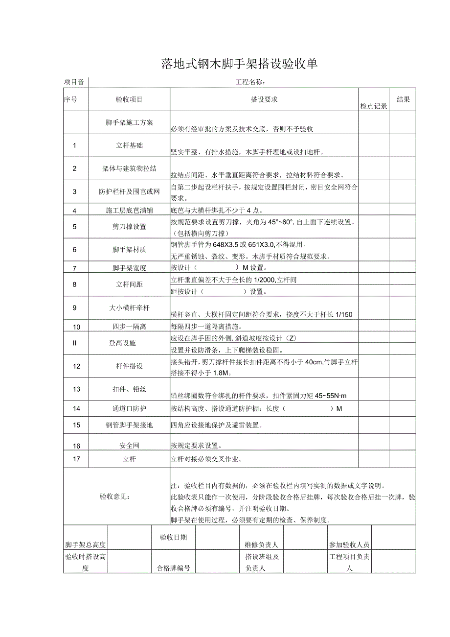 落地式钢木脚手架搭设验收单.docx_第1页