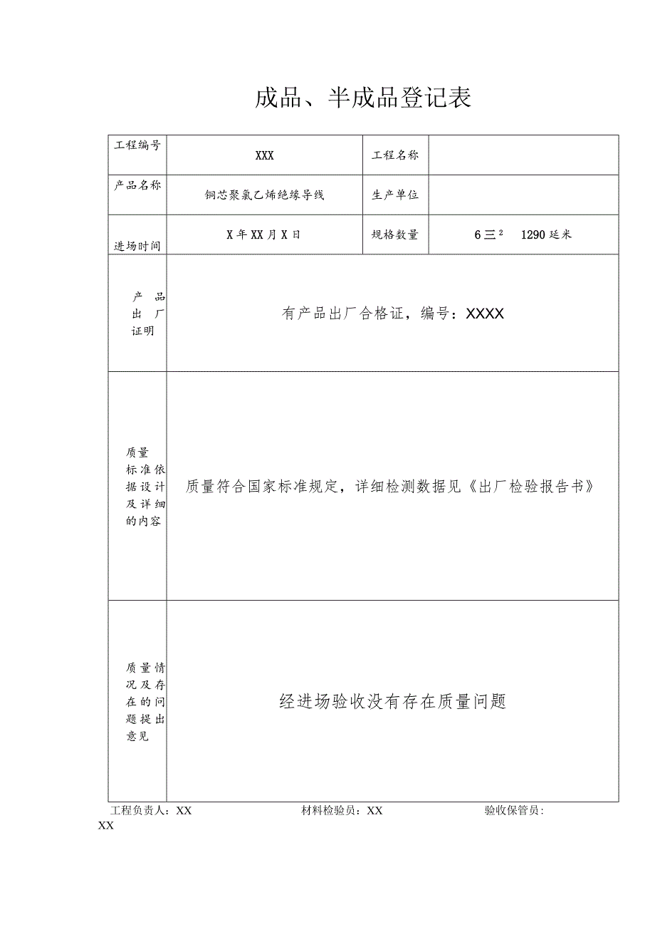 铜芯聚氯乙烯绝缘导线成品半成品登记表.docx_第1页