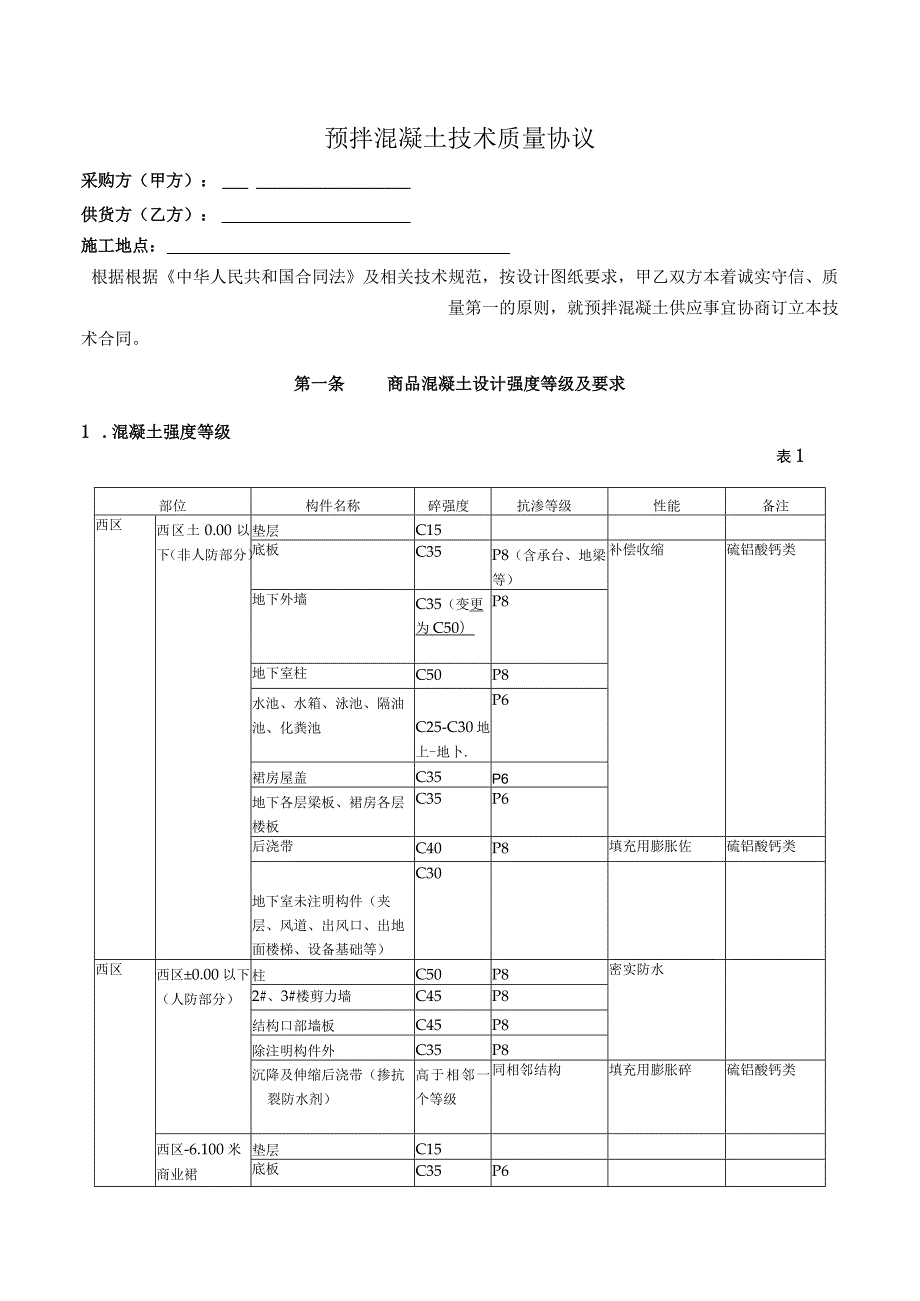 预拌混凝土技术质量协议.docx_第1页