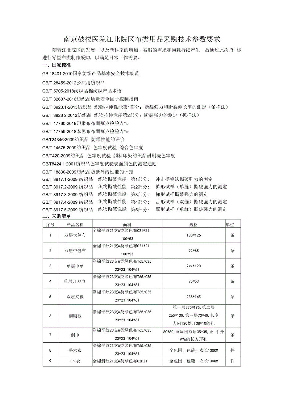 南京鼓楼医院江北院区布类用品采购技术参数要求.docx_第1页