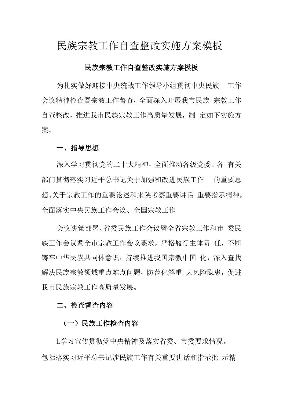 民族宗教工作自查整改实施方案模板.docx_第1页