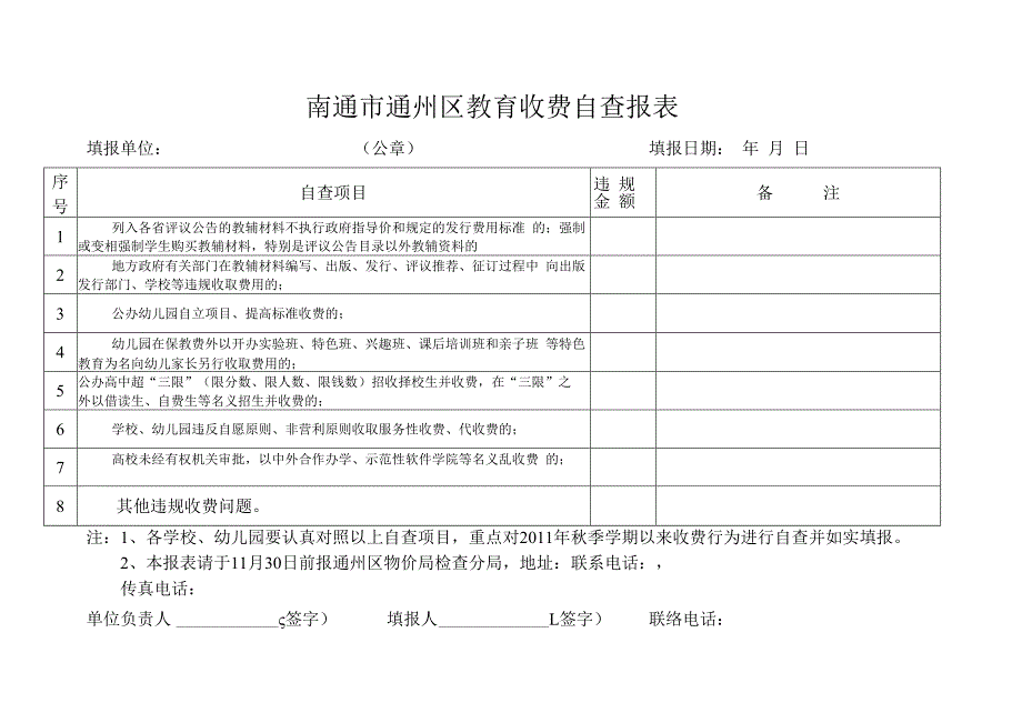 南通市通州区教育收费自查报表.docx_第1页