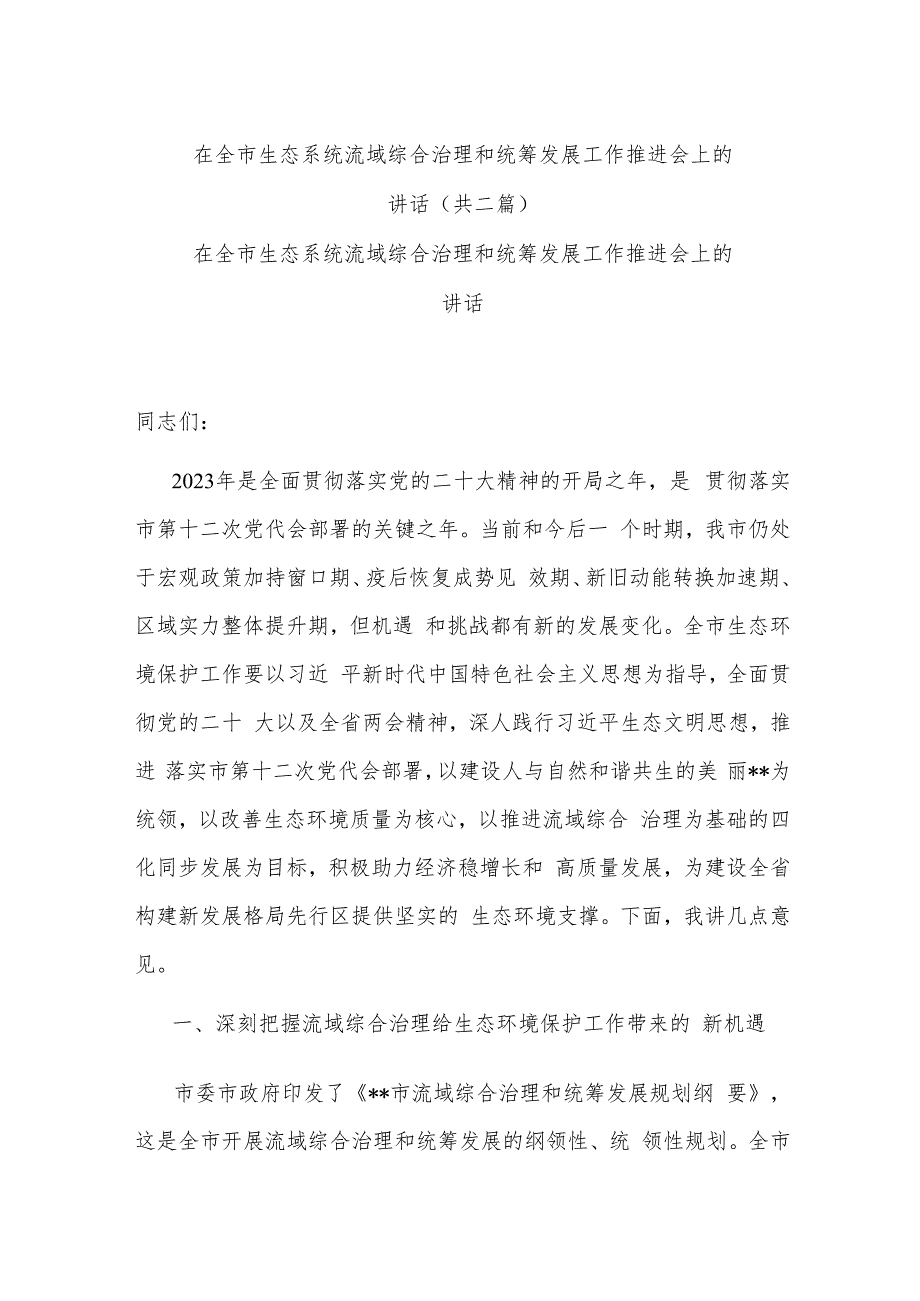 在全市生态系统流域综合治理和统筹发展工作推进会上的讲话(共二篇).docx_第1页