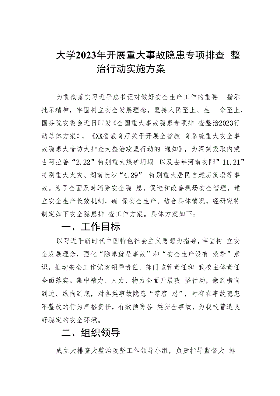 大学2023年开展重大事故隐患专项排查整治行动实施方案(精选九篇汇编).docx_第1页