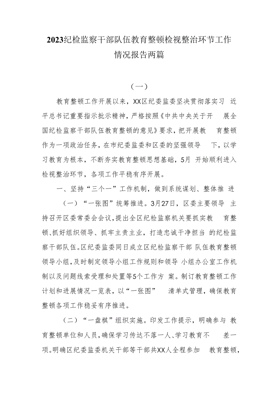 2023纪检监察干部队伍教育整顿检视整治环节工作情况报告两篇.docx_第1页