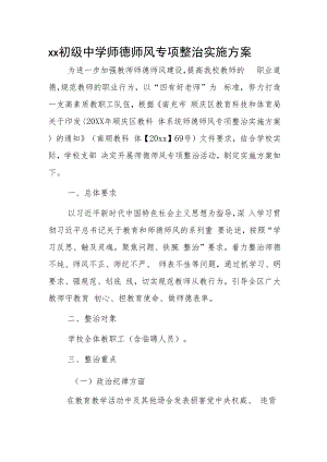 xx初级中学师德师风专项整治实施方案.docx