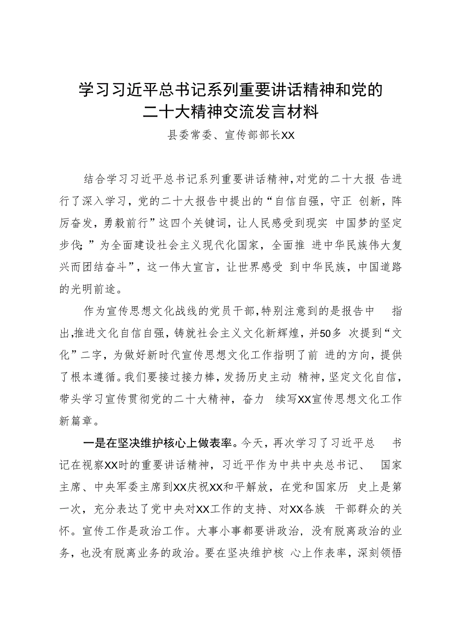 宣传部长党的二十大精神研讨发言材料.docx_第1页