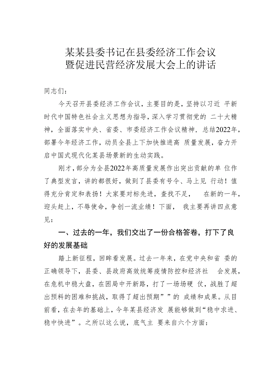 某某县委书记在县委经济工作会议暨促进民营经济发展大会上的讲话.docx_第1页