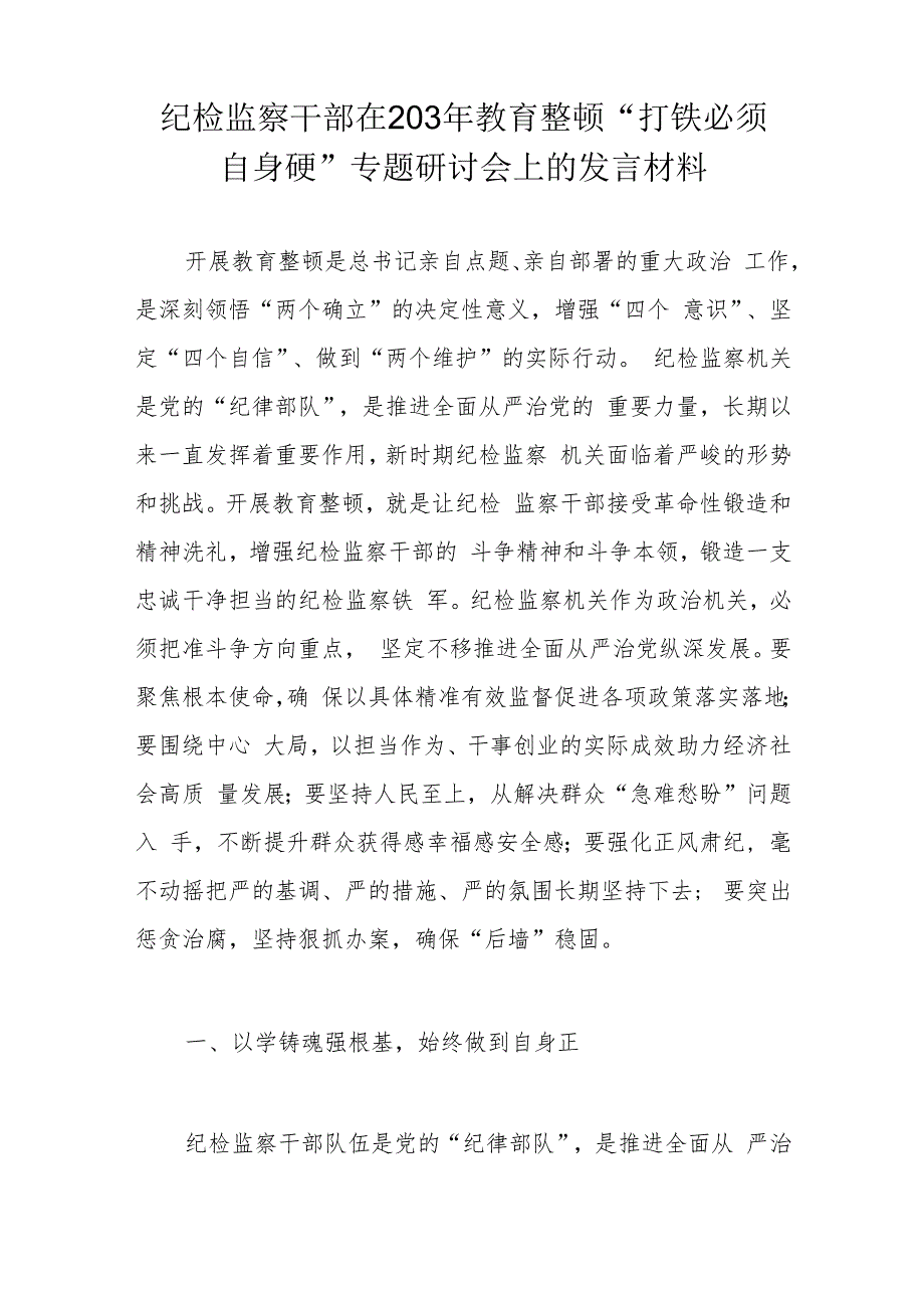 纪检监察干部在203年教育整顿“打铁必须自身硬”专题研讨会上的发言材料.docx_第1页