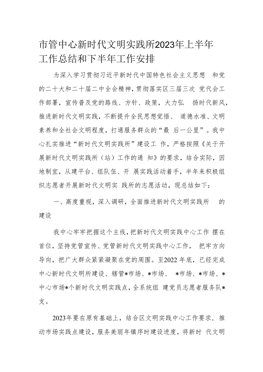 市管中心新时代文明实践所2023年上半年工作总结和下半年工作安排.docx_第1页