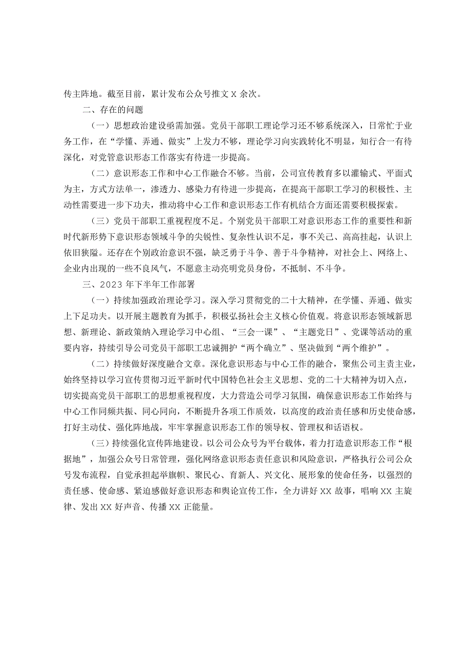 公司2023年上半年意识形态工作总队报告.docx_第1页