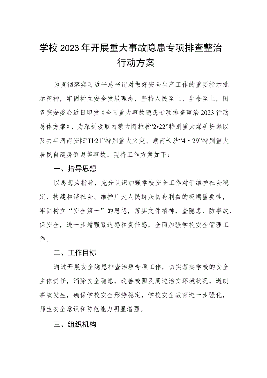 学校2023年开展重大事故隐患专项排查整治行动方案范文精选(五篇).docx_第1页