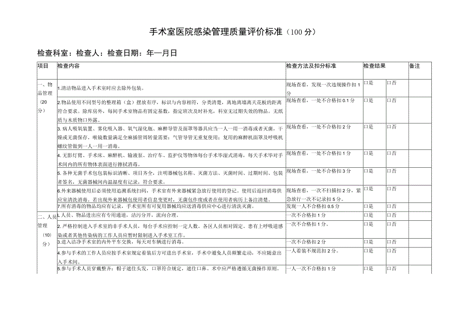 手术室医院感染管理质量评价标准.docx_第1页