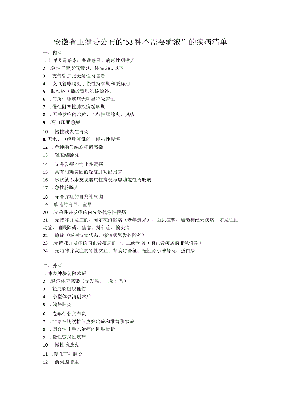 安徽省卫健委公布的“53种不需要输液”的疾病清单.docx_第1页