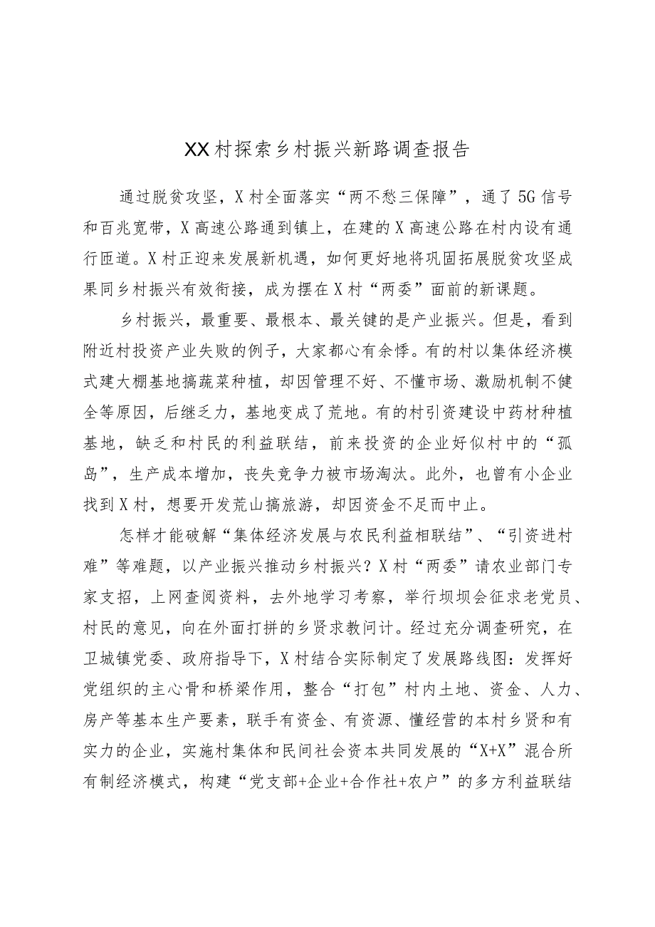 XX村探索乡村振兴新路调查报告.docx_第1页