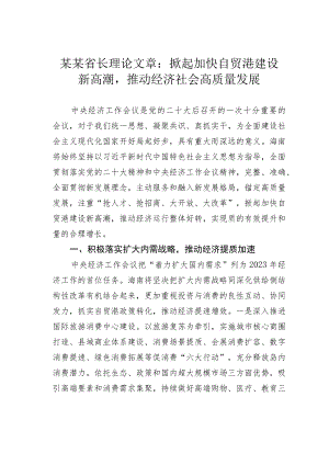 某某省长理论文章：掀起加快自贸港建设新高潮推动经济社会高质量发展.docx