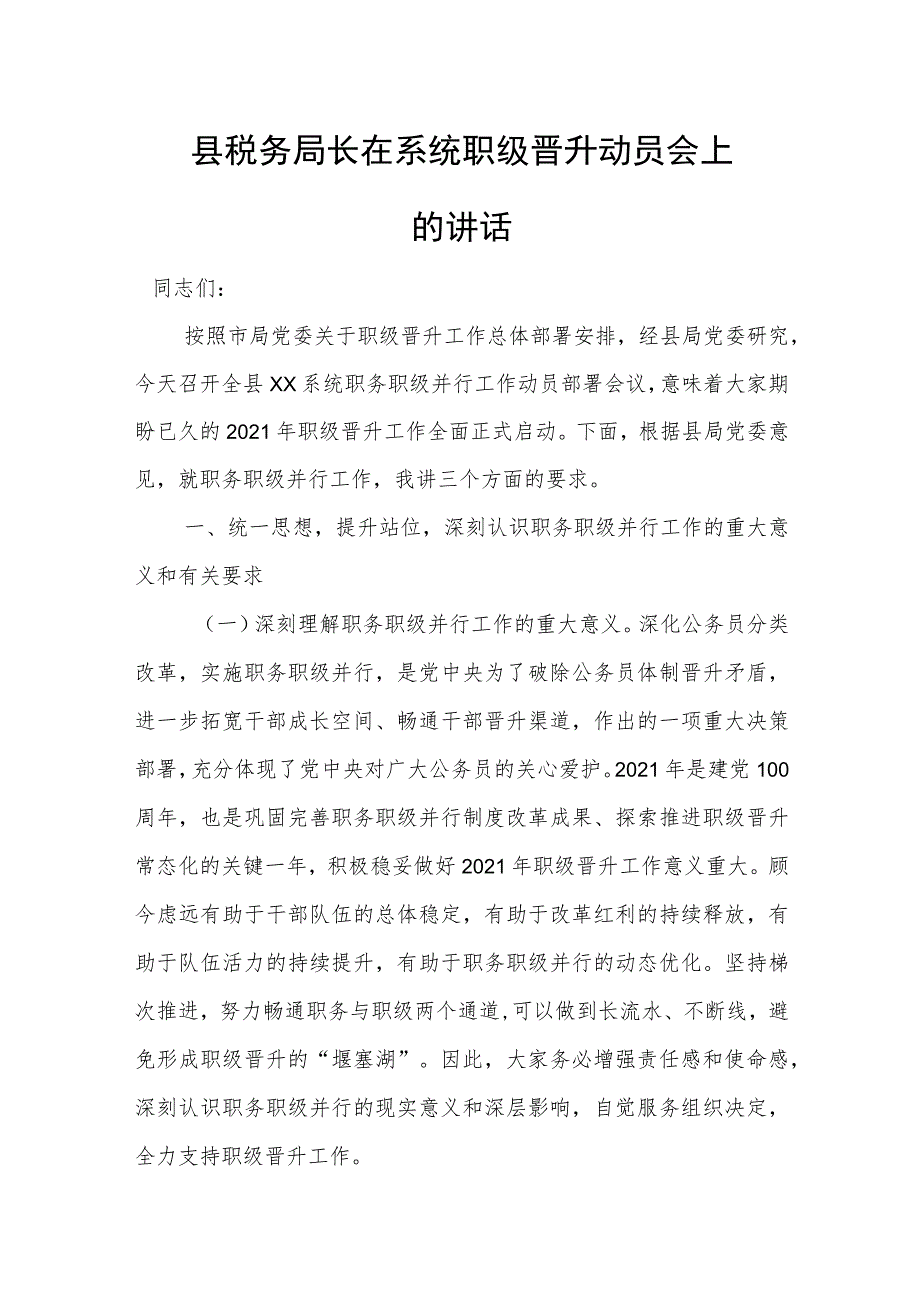 县税务局长在系统职级晋升动员会上的讲话.docx_第1页