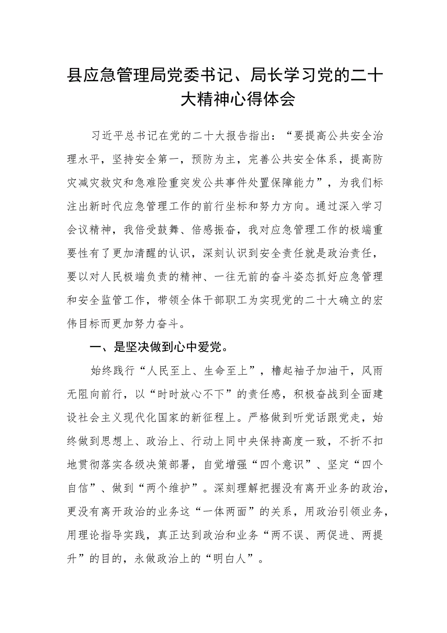 县应急管理局党委书记、局长学习党的二十大精神心得体会.docx_第1页