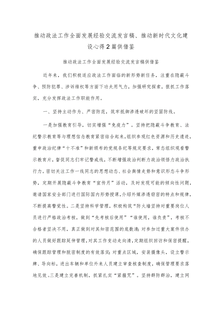 推动政法工作全面发展经验交流发言稿、推动新时代文化建设心得2篇供借鉴.docx_第1页