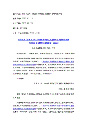 关于印发《中国（上海）自由贸易试验区临港新片区支持企业开展汇率风险中性管理的实施意见》的通知.docx