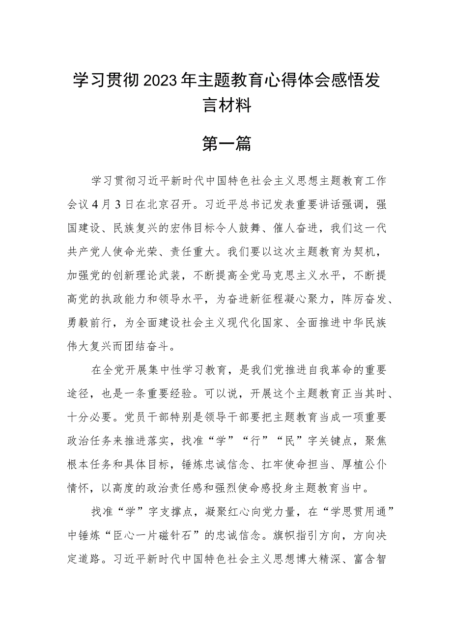 学习贯彻2023年主题教育心得体会感悟发言材料四篇.docx_第1页