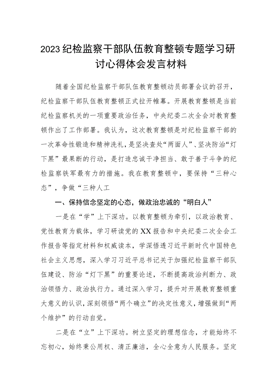 2023纪检监察干部队伍教育整顿专题学习研讨心得体会发言材料范文(共三篇).docx_第1页