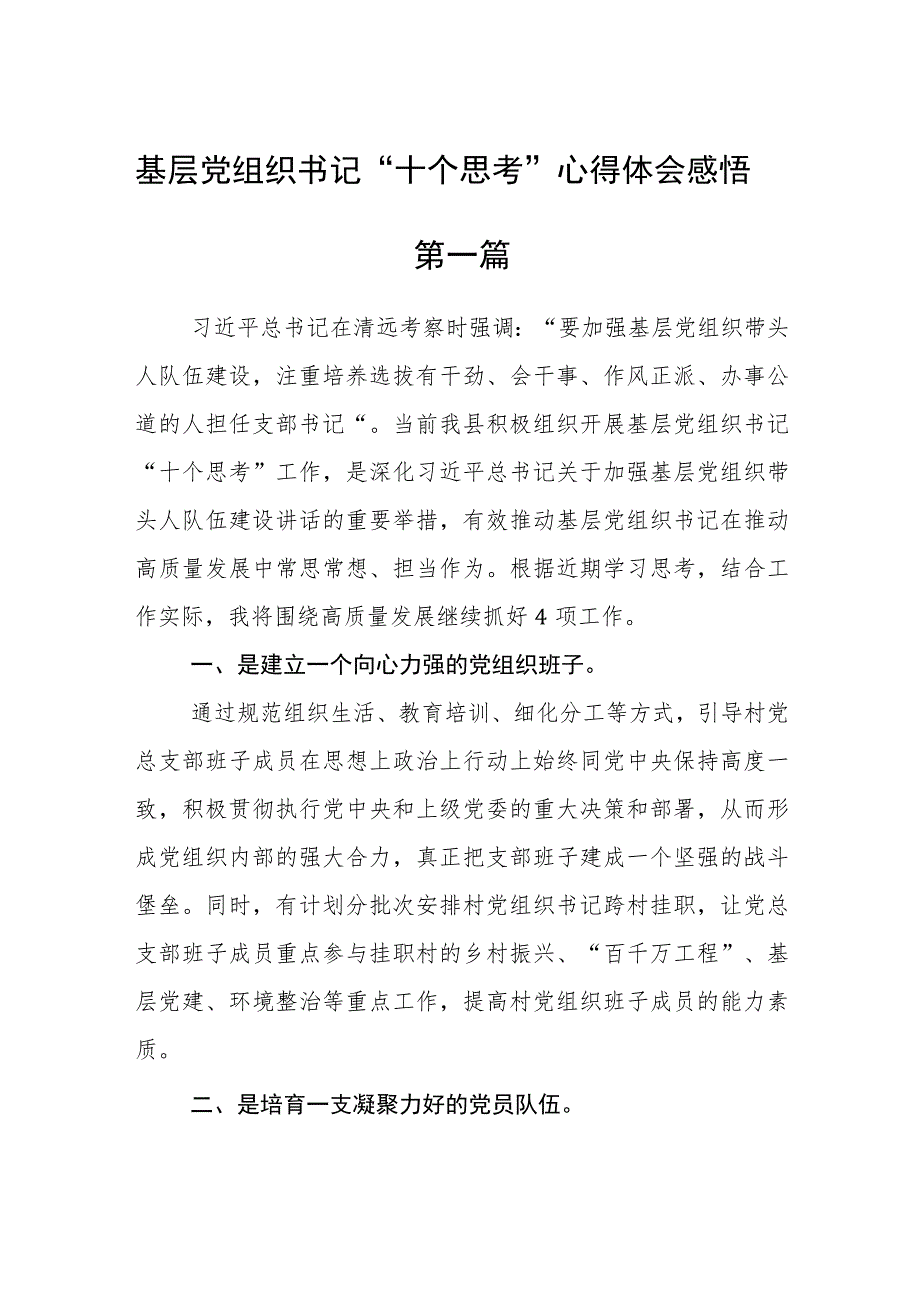 基层党组织书记“十个思考”心得体会感悟(精选6篇).docx_第1页