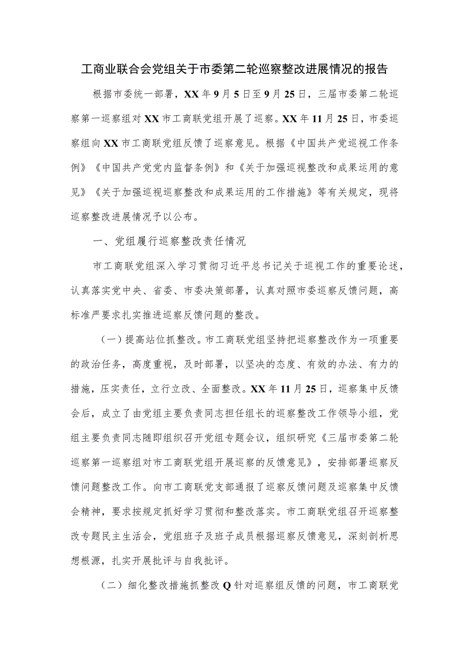 工商业联合会党组关于市委第二轮巡察整改进展情况的报告.docx_第1页