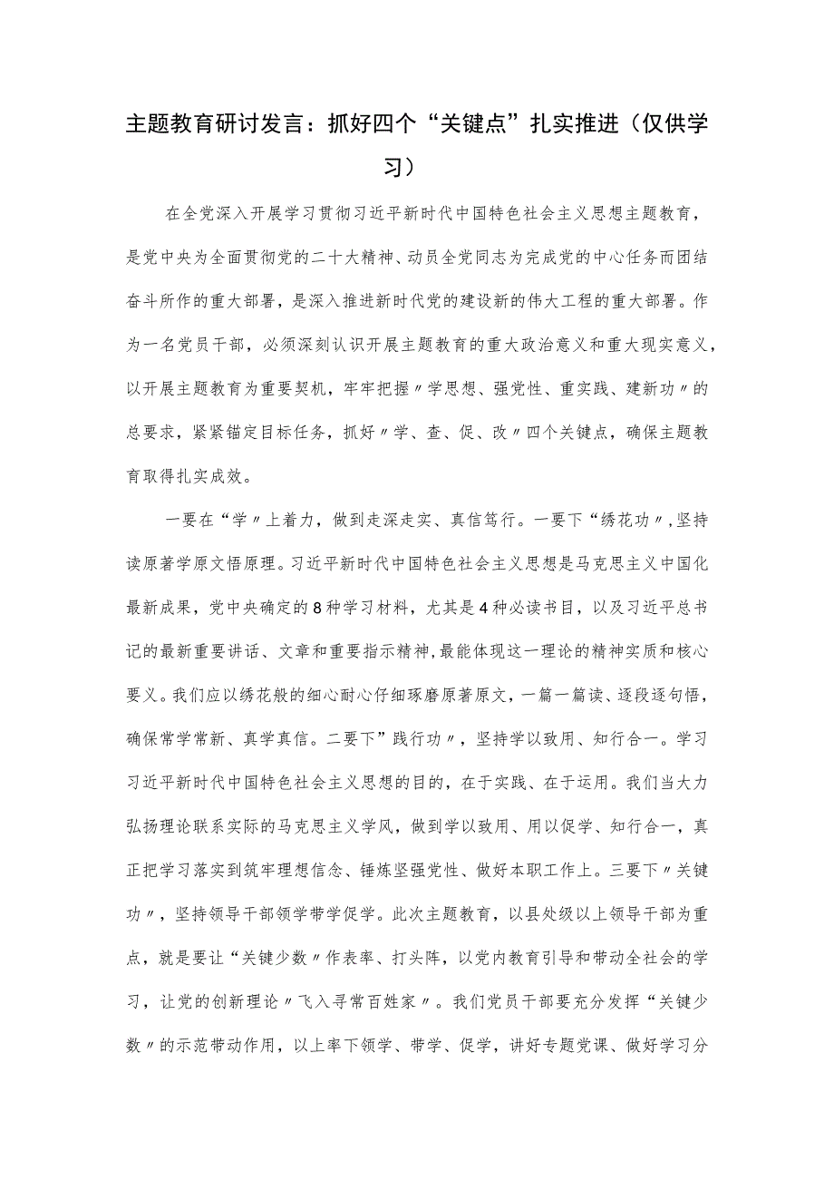 主题教育研讨发言：抓好四个“关键点” 扎实推进.docx_第1页