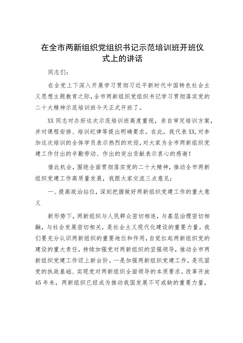 在全市两新组织党组织书记示范培训班开班仪式上的讲话.docx_第1页