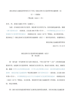 湖北省地方金融监督管理局关于印发《湖北省典当行监督管理实施细则(试行)》的通知.docx