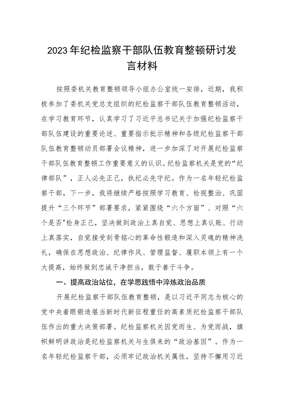 2023年纪检监察干部队伍教育整顿研讨发言材料范本合集三篇.docx_第1页