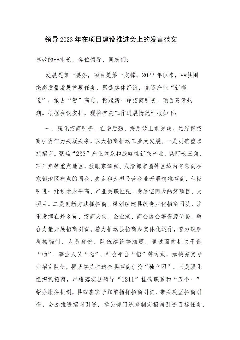 领导2023年在项目建设推进会上的发言范文两篇.docx_第1页