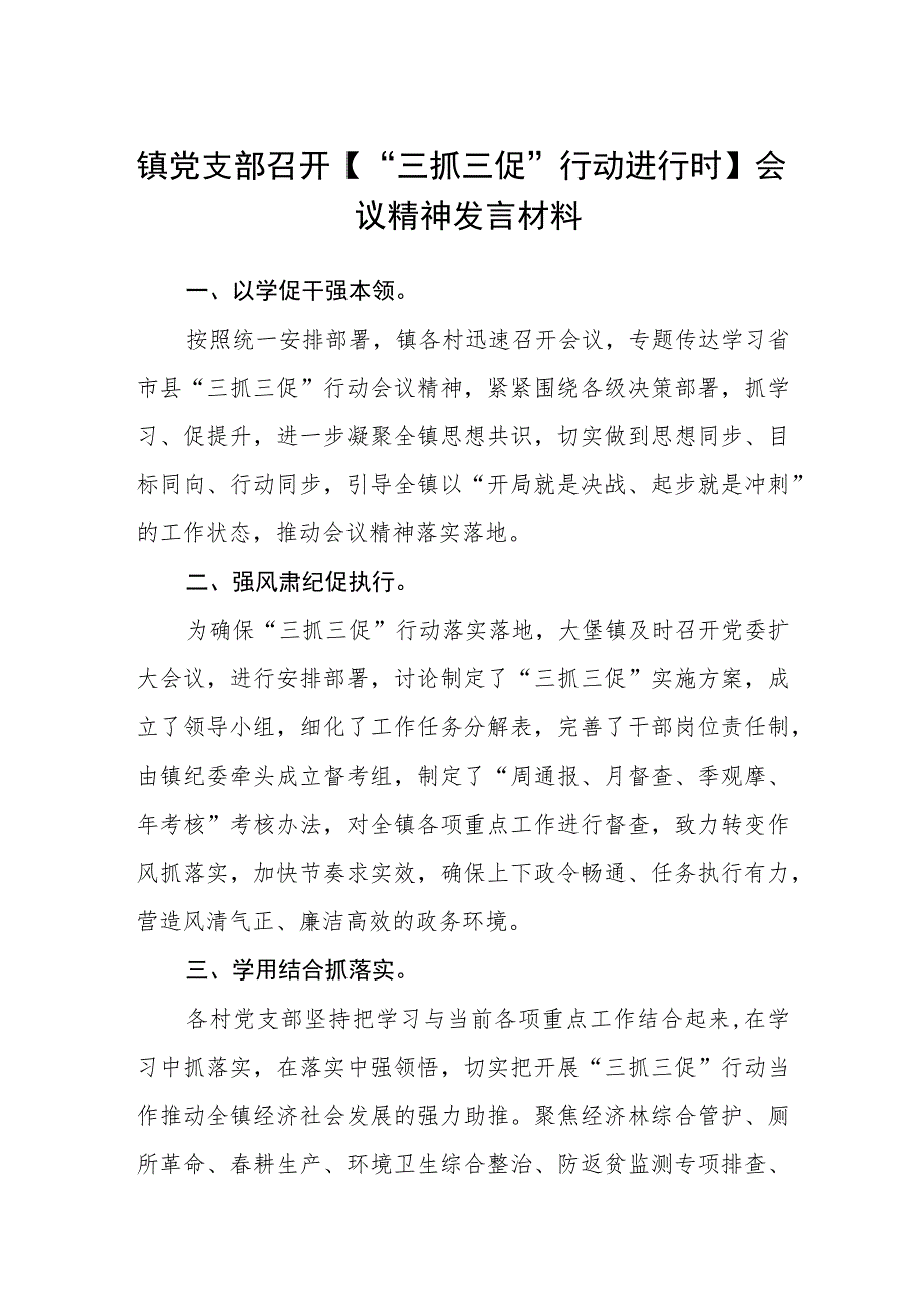 【共3篇】镇党支部召开【“三抓三促”行动进行时】会议精神发言材料.docx_第1页