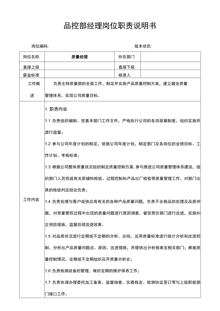 质量部经理岗位职责说明书.docx_第1页